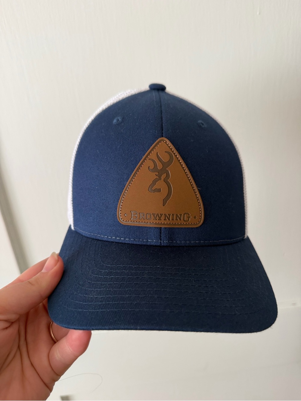 Browning Navy and White Trucker Hat with Brown Patch